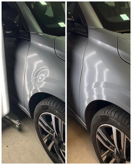Antes y después: abolladura en el guardabarros de un auto gris